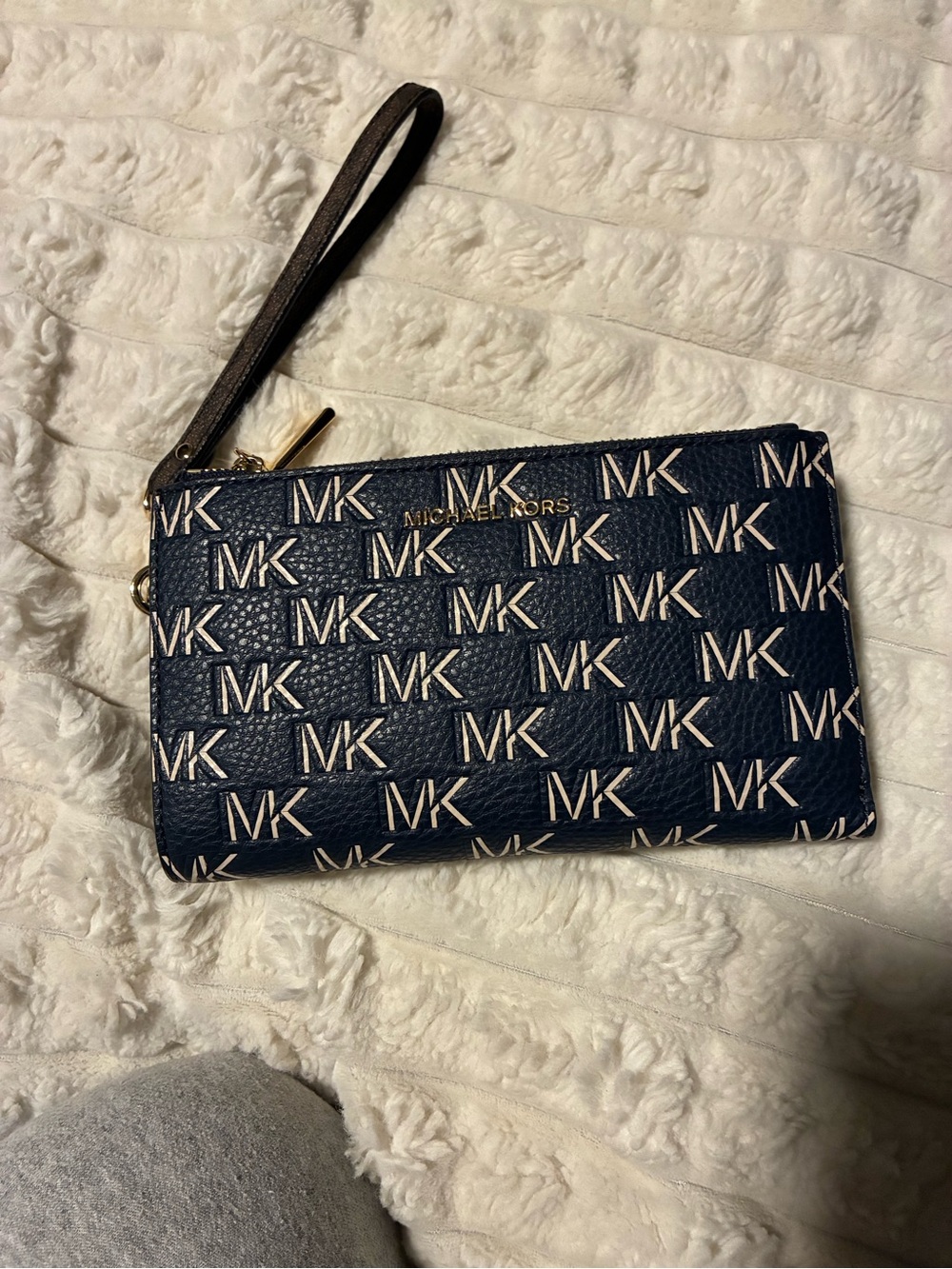 Michael Kors Navy and White MK Logo Wristlet with Gold Hardware